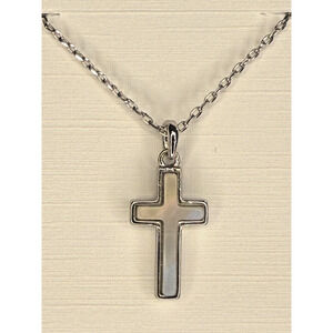 Kendra Scott Cross Pendant Necklace Silver Rhodium White Kyocera Opal 19” NWT